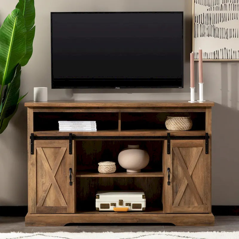 Meuble TV coulissant 52 pouces avec porte de grange de style Highboy
