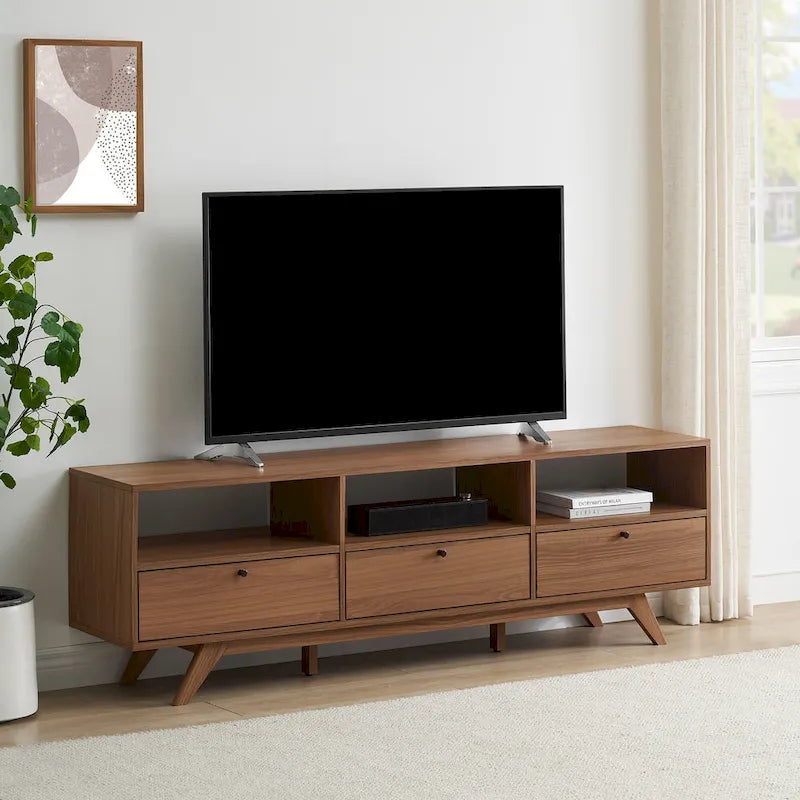 Meuble TV bas moderne à 3 portes (convient aux téléviseurs jusqu'à 80 pouces) – Fini moka