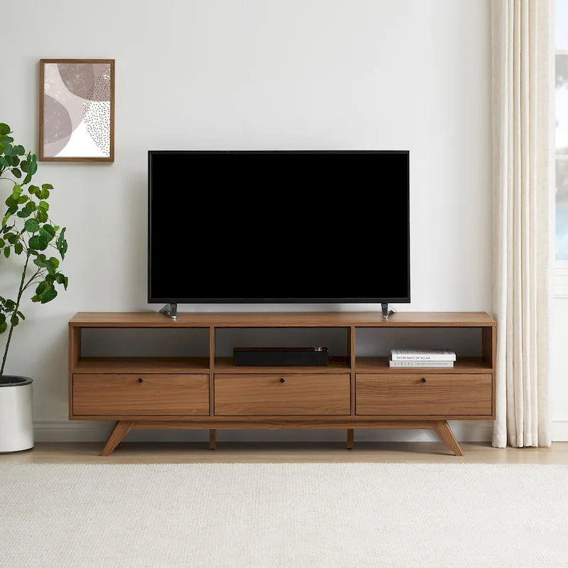 Meuble TV bas moderne à 3 portes (convient aux téléviseurs jusqu'à 80 pouces) – Fini moka