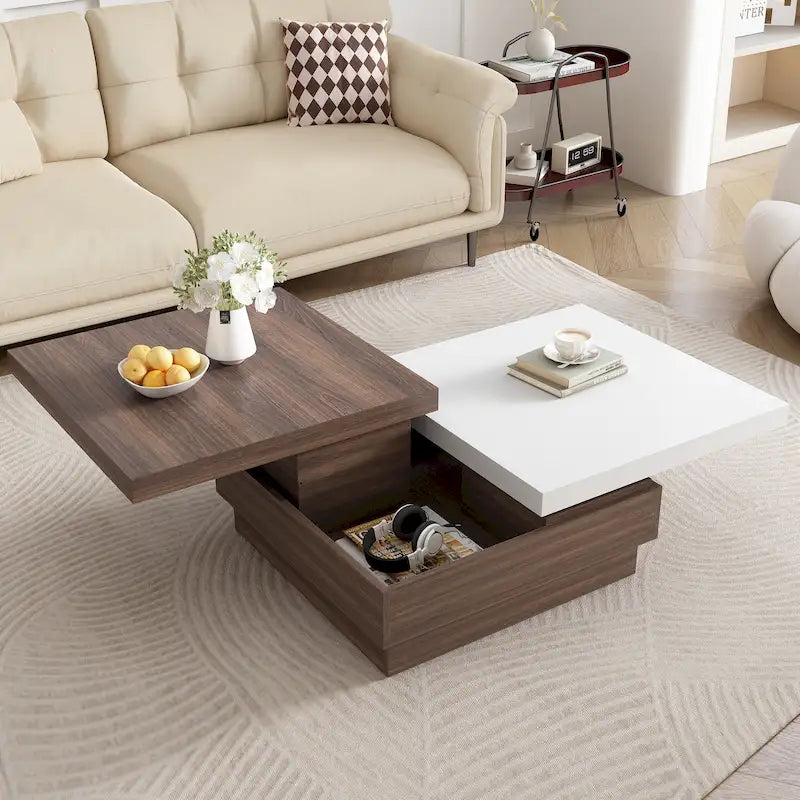 Table basse à plateau rotatif, Table basse carrée moderne avec motif grain de bois, 1 espace de rangement caché pour le salon