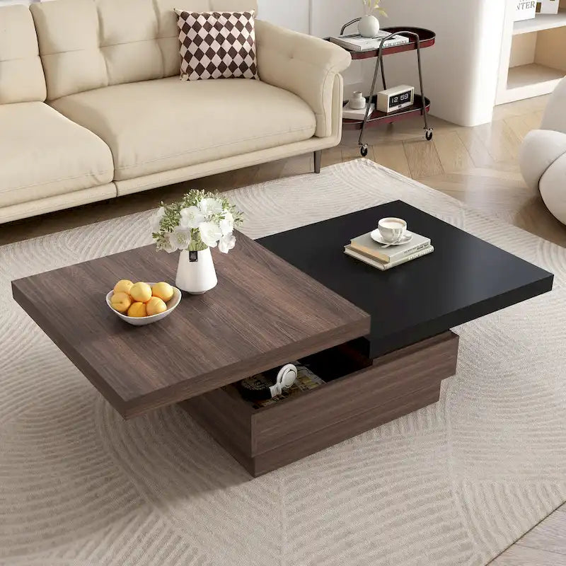 Rotatable Top Coffee Table, Modern Square Coffee Table with Wood Grain Design, 1 Hidden Storage Space for Living Room