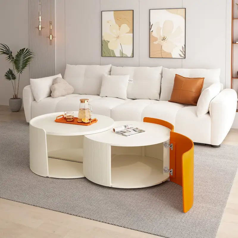 Tables basses — Tables rondes et guéridons ; incluant des tables d'appoint de style moderne dotées de plateaux coulissants extensibles