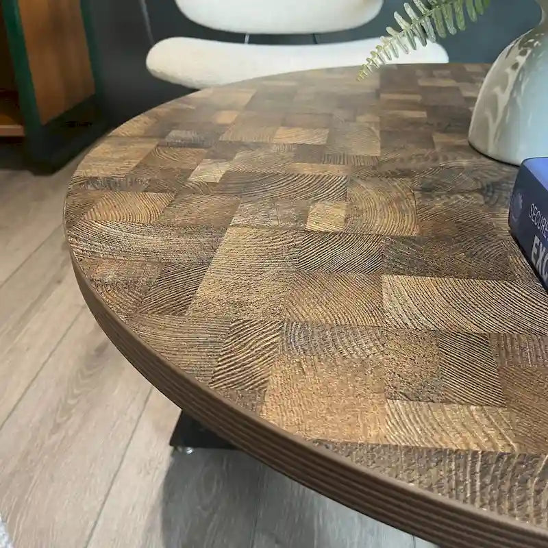 Table basse ronde en bois et métal noir