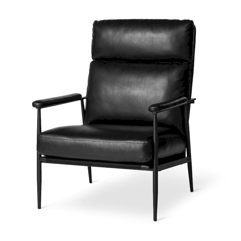 Fauteuil en similicuir Mid-Century Modern à dossier haut et accoudoirs rembourrés - 33,75 L x 39,5 H x 28 P