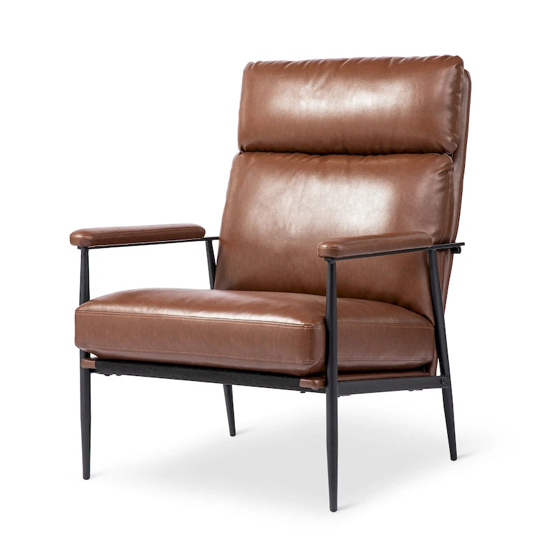 Fauteuil en similicuir Mid-Century Modern à dossier haut et accoudoirs rembourrés - 33,75 L x 39,5 H x 28 P