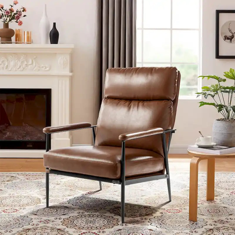 Fauteuil en similicuir Mid-Century Modern à dossier haut et accoudoirs rembourrés - 33,75 L x 39,5 H x 28 P