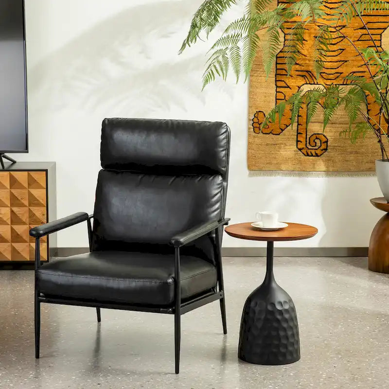 Fauteuil en similicuir Mid-Century Modern à dossier haut et accoudoirs rembourrés - 33,75 L x 39,5 H x 28 P
