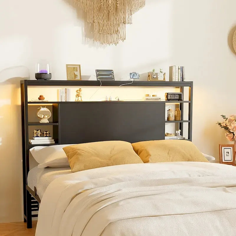 Têtes de lit avec étagères de rangement, tête de lit avec prise électrique et éclairage LED pour cadre de lit