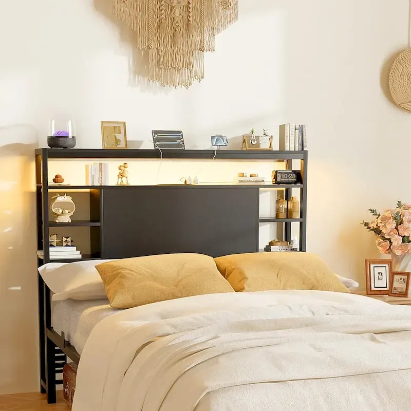 Têtes de lit avec étagères de rangement, tête de lit avec prise électrique et éclairage LED pour cadre de lit