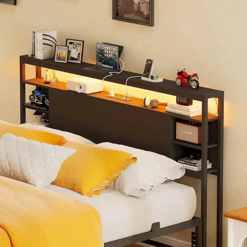 Têtes de lit avec étagères de rangement, tête de lit avec prise électrique et éclairage LED pour cadre de lit