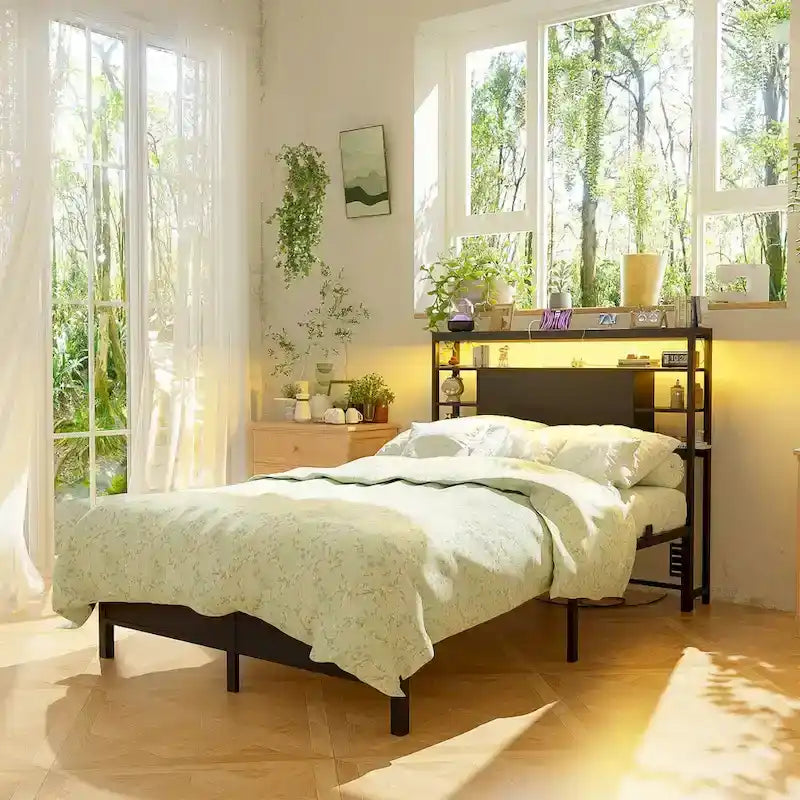 Têtes de lit avec étagères de rangement, tête de lit avec prise électrique et éclairage LED pour cadre de lit