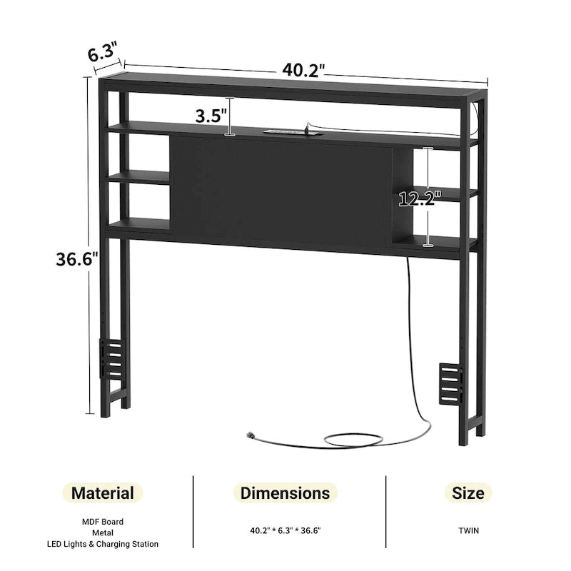 Têtes de lit avec étagères de rangement, tête de lit avec prise électrique et éclairage LED pour cadre de lit