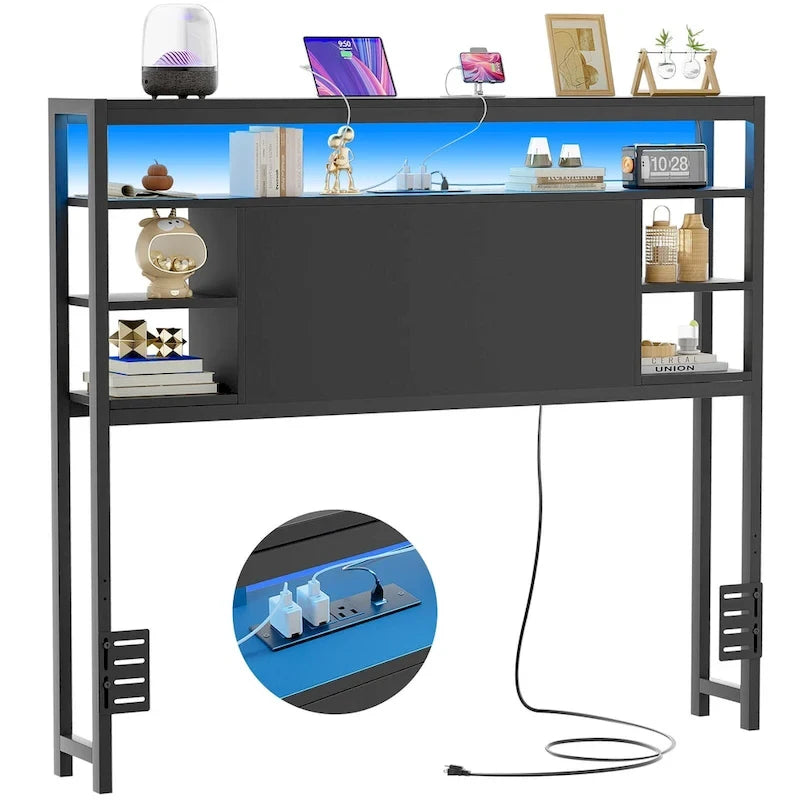 Têtes de lit avec étagères de rangement, tête de lit avec prise électrique et éclairage LED pour cadre de lit