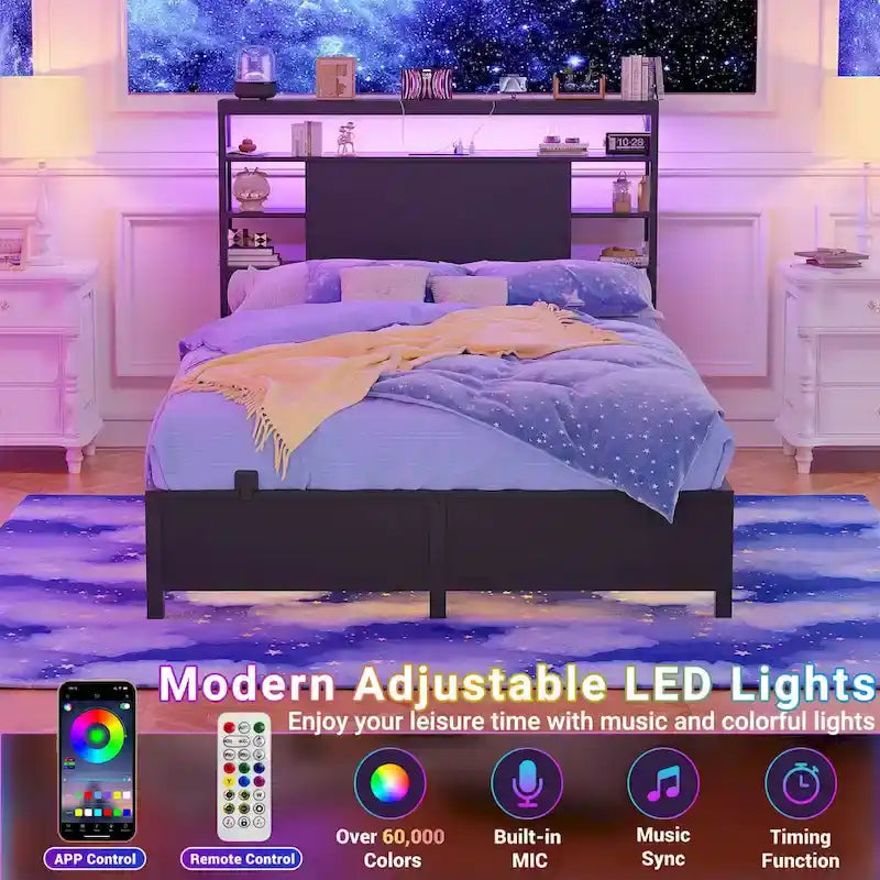 Têtes de lit avec étagères de rangement, tête de lit avec prise électrique et éclairage LED pour cadre de lit