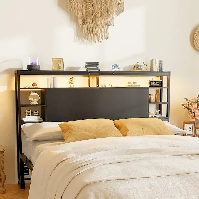 Têtes de lit avec étagères de rangement, tête de lit avec prise électrique et éclairage LED pour cadre de lit