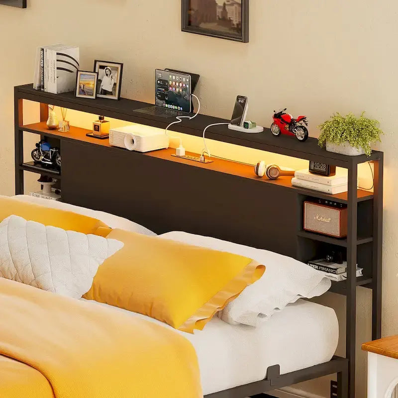 Têtes de lit avec étagères de rangement, tête de lit avec prise électrique et éclairage LED pour cadre de lit