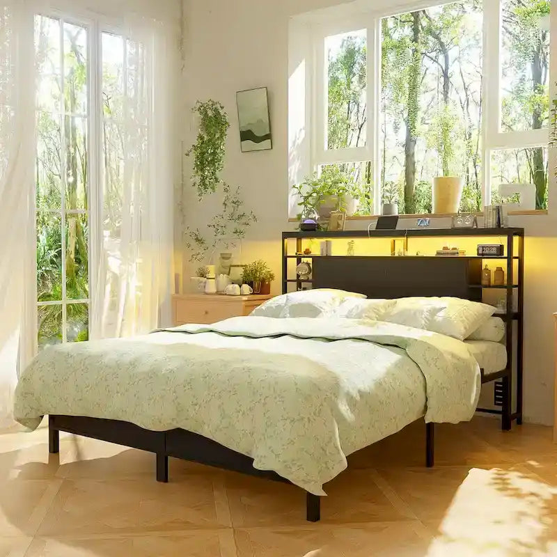Têtes de lit avec étagères de rangement, tête de lit avec prise électrique et éclairage LED pour cadre de lit
