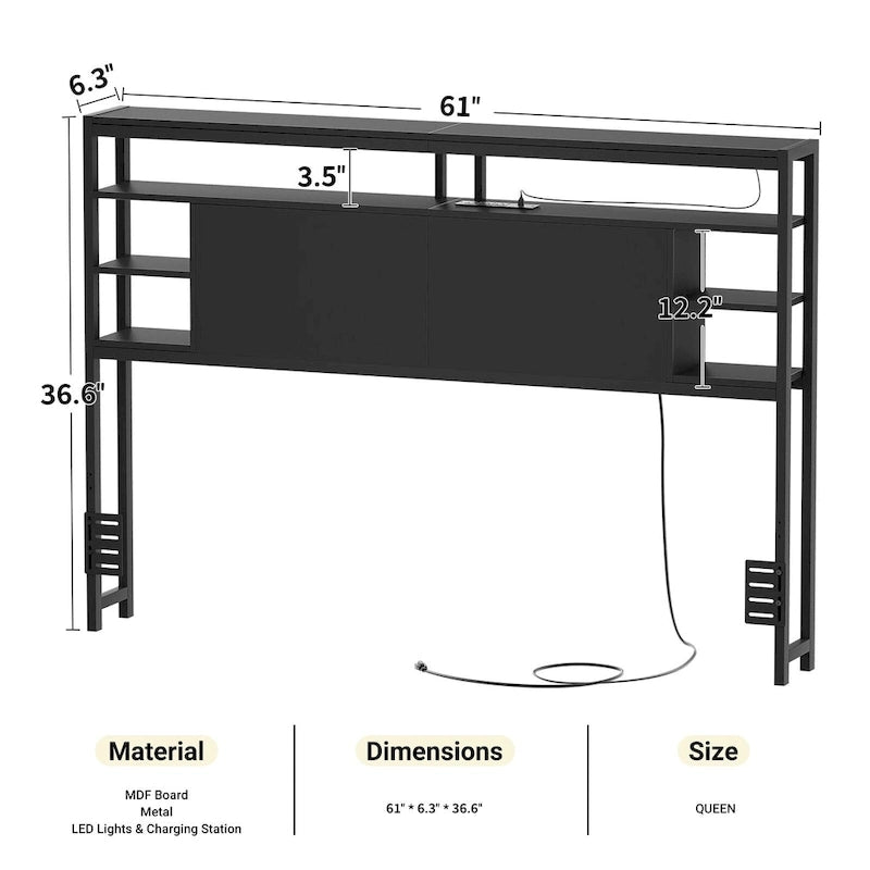 Têtes de lit avec étagères de rangement, tête de lit avec prise électrique et éclairage LED pour cadre de lit