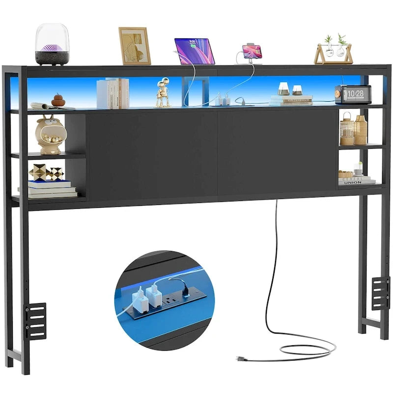 Têtes de lit avec étagères de rangement, tête de lit avec prise électrique et éclairage LED pour cadre de lit
