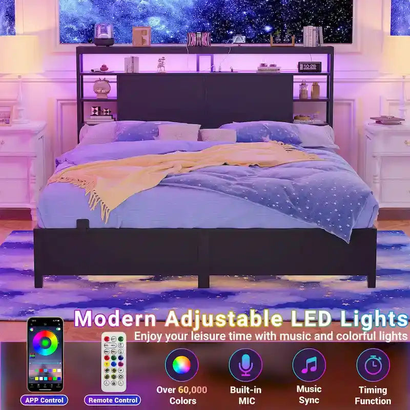Têtes de lit avec étagères de rangement, tête de lit avec prise électrique et éclairage LED pour cadre de lit