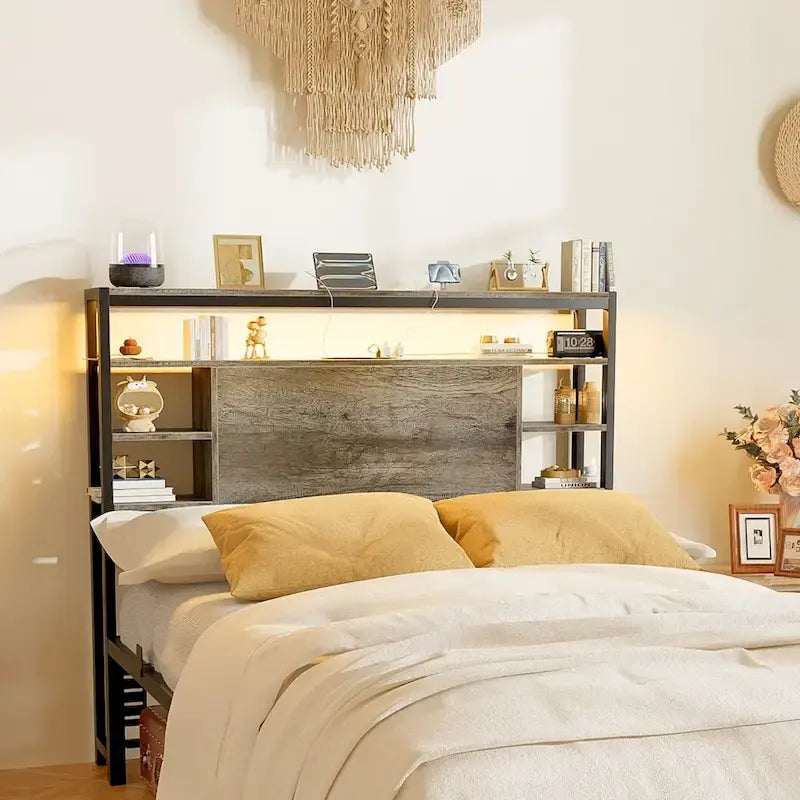 Têtes de lit avec étagères de rangement, tête de lit avec prise électrique et éclairage LED pour cadre de lit
