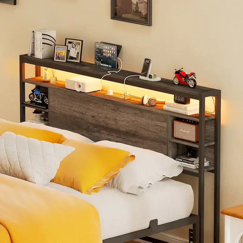 Têtes de lit avec étagères de rangement, tête de lit avec prise électrique et éclairage LED pour cadre de lit