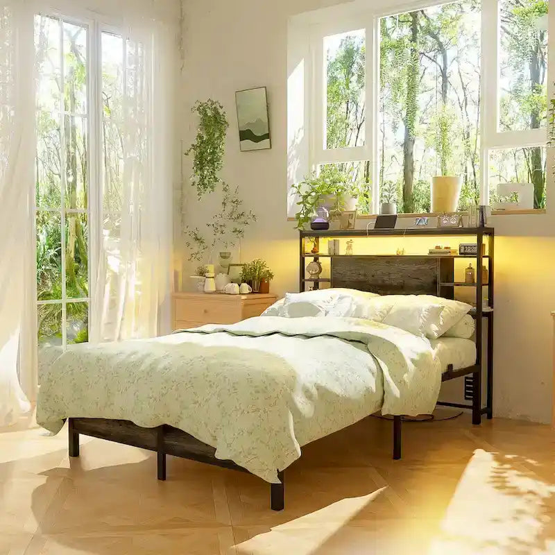 Têtes de lit avec étagères de rangement, tête de lit avec prise électrique et éclairage LED pour cadre de lit