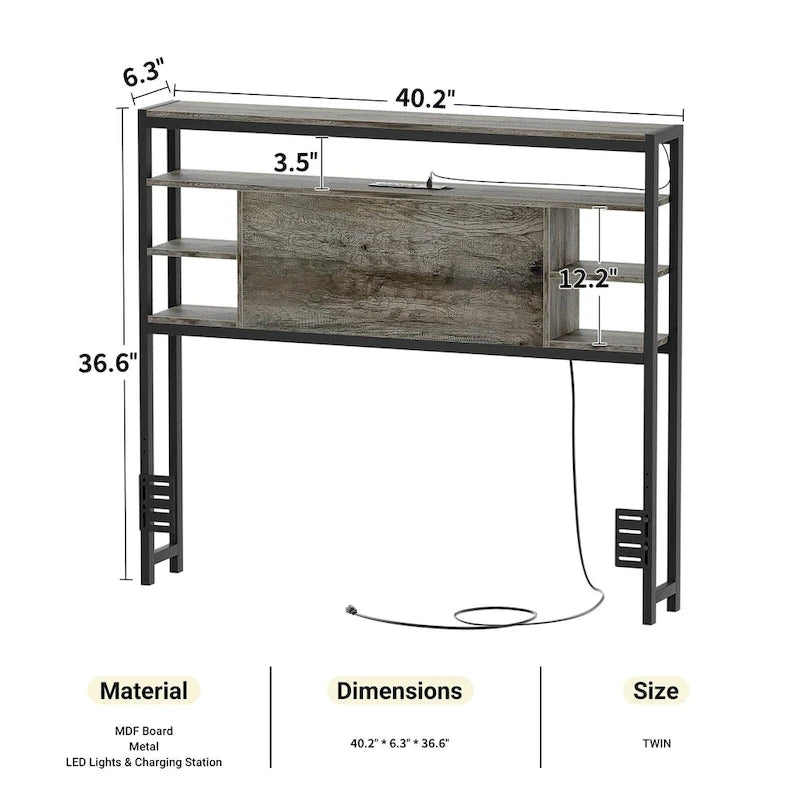 Têtes de lit avec étagères de rangement, tête de lit avec prise électrique et éclairage LED pour cadre de lit
