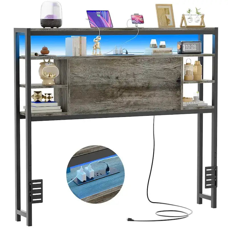 Têtes de lit avec étagères de rangement, tête de lit avec prise électrique et éclairage LED pour cadre de lit