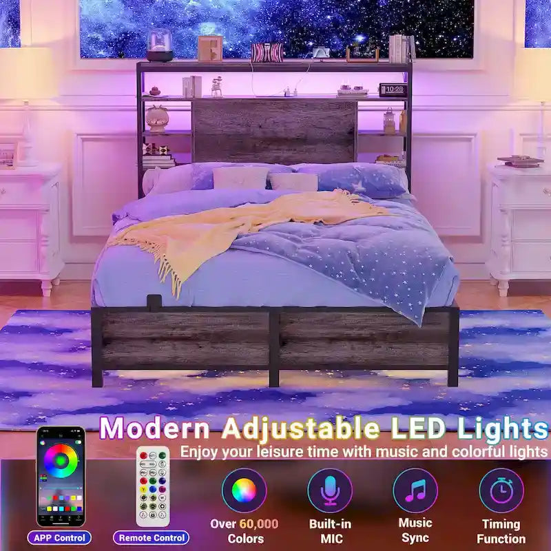Têtes de lit avec étagères de rangement, tête de lit avec prise électrique et éclairage LED pour cadre de lit