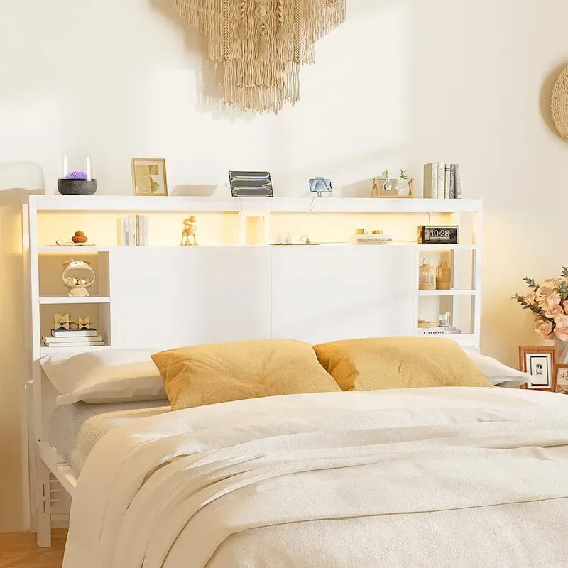 Têtes de lit avec étagères de rangement, tête de lit avec prise électrique et éclairage LED pour cadre de lit