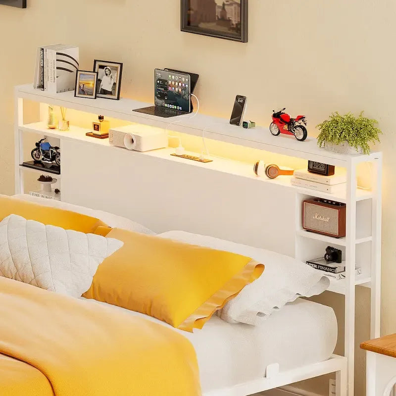Têtes de lit avec étagères de rangement, tête de lit avec prise électrique et éclairage LED pour cadre de lit