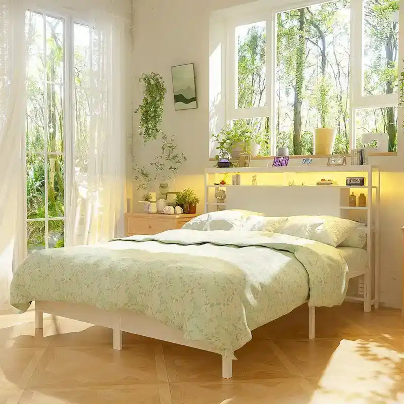 Têtes de lit avec étagères de rangement, tête de lit avec prise électrique et éclairage LED pour cadre de lit