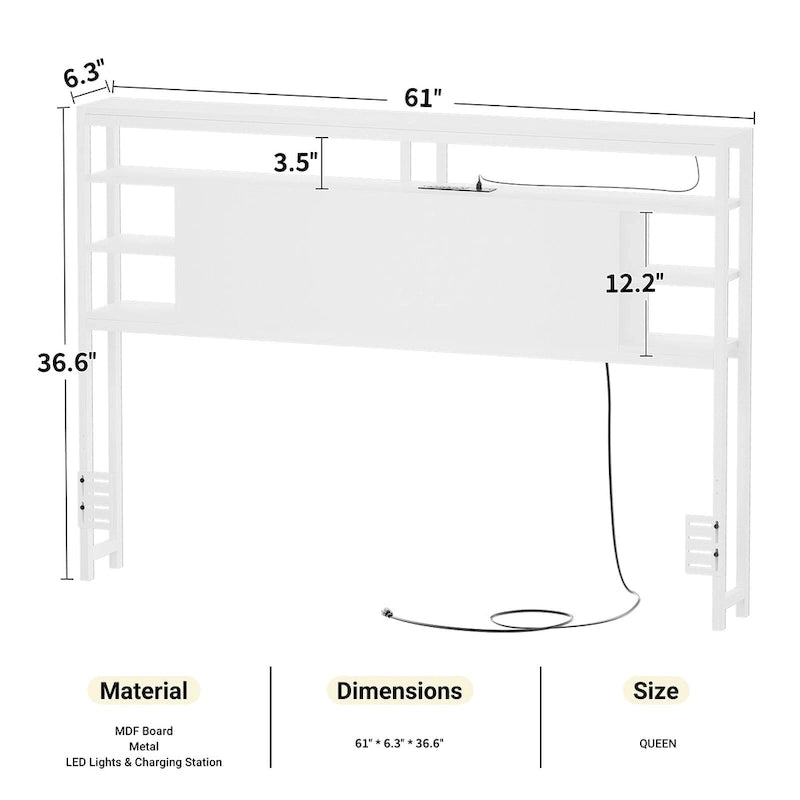 Têtes de lit avec étagères de rangement, tête de lit avec prise électrique et éclairage LED pour cadre de lit