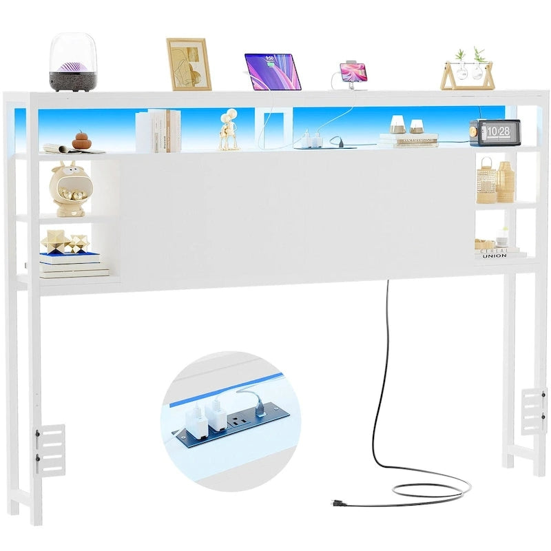 Têtes de lit avec étagères de rangement, tête de lit avec prise électrique et éclairage LED pour cadre de lit