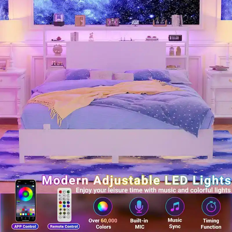 Têtes de lit avec étagères de rangement, tête de lit avec prise électrique et éclairage LED pour cadre de lit