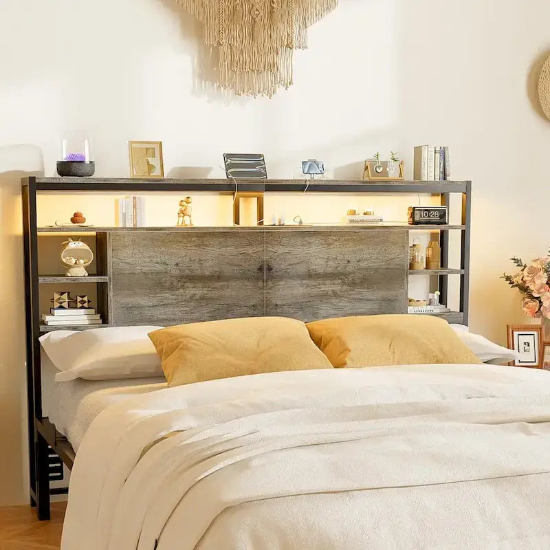 Têtes de lit avec étagères de rangement, tête de lit avec prise électrique et éclairage LED pour cadre de lit