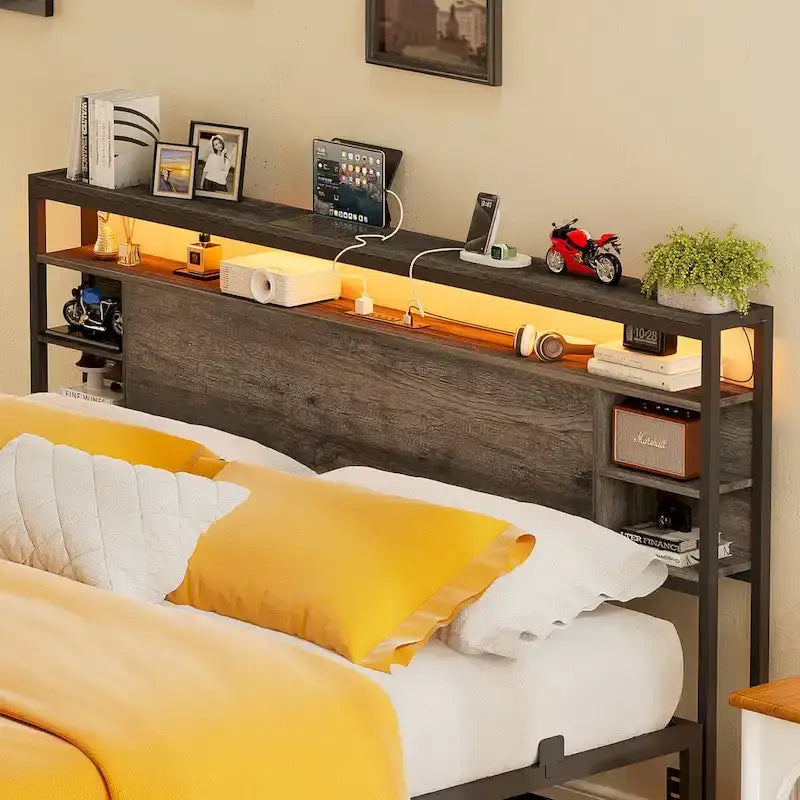 Têtes de lit avec étagères de rangement, tête de lit avec prise électrique et éclairage LED pour cadre de lit