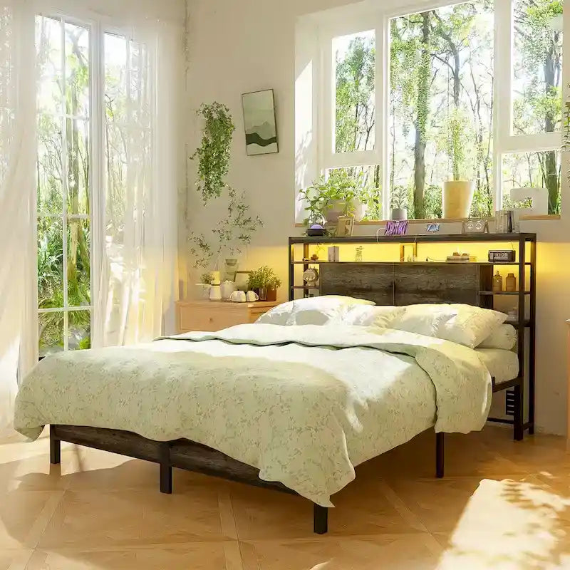 Têtes de lit avec étagères de rangement, tête de lit avec prise électrique et éclairage LED pour cadre de lit