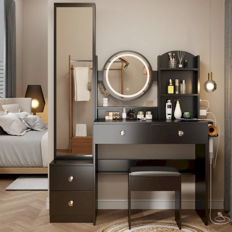 Full Body Mirror Cabinet + Round Mirror LED Vanity Table + Cushioned Stool
