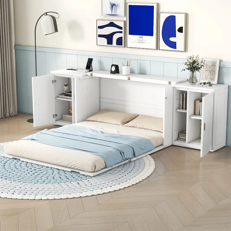 Lit escamotable blanc Queen Size avec étagères, armoires et ports USB