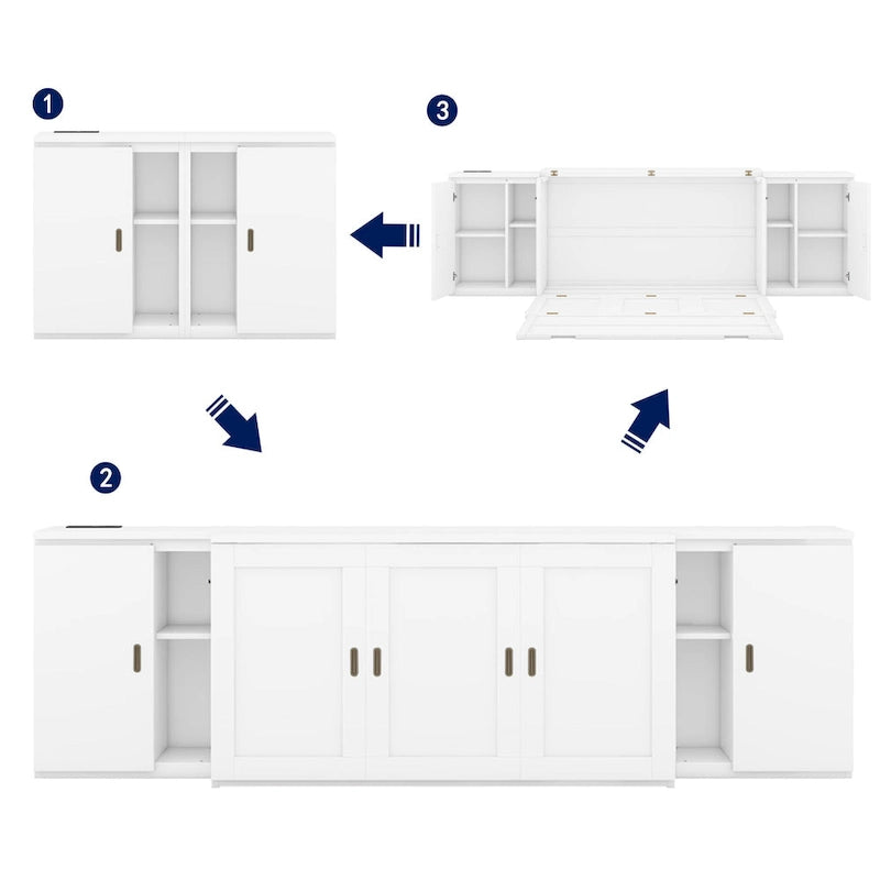 Lit escamotable blanc Queen Size avec étagères, armoires et ports USB