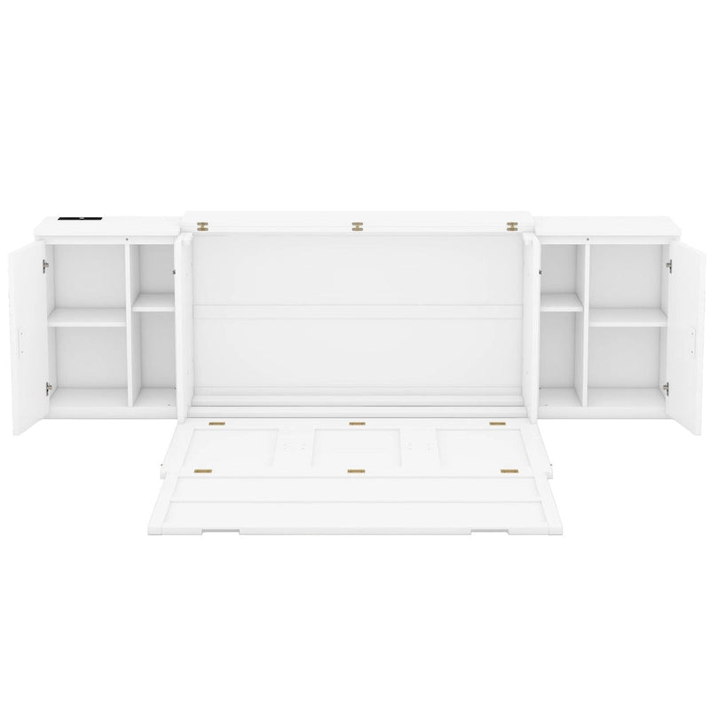 Lit escamotable blanc Queen Size avec étagères, armoires et ports USB