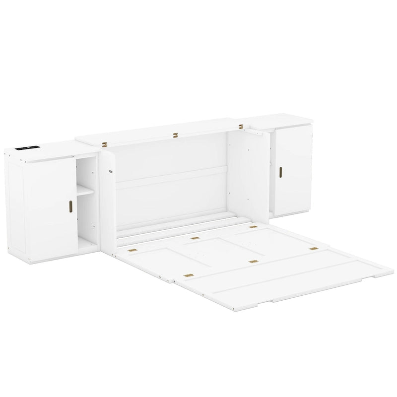 Lit escamotable blanc Queen Size avec étagères, armoires et ports USB