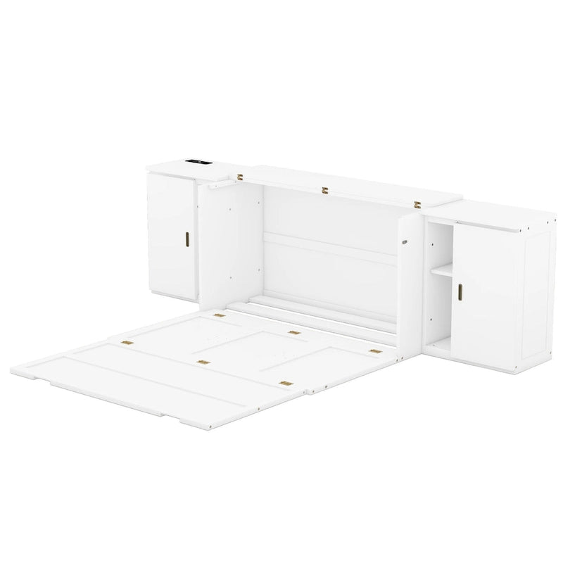 Lit escamotable blanc Queen Size avec étagères, armoires et ports USB