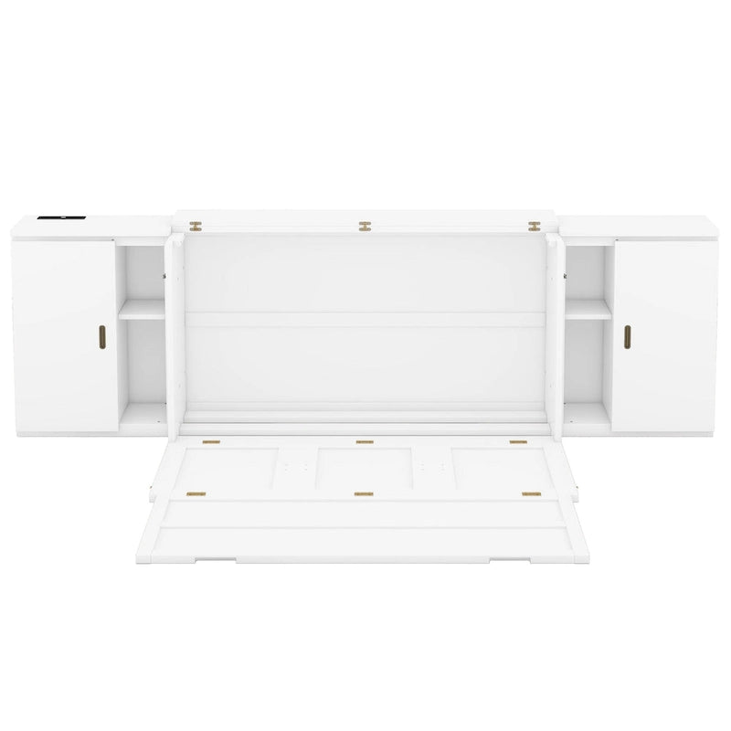 Lit escamotable blanc Queen Size avec étagères, armoires et ports USB