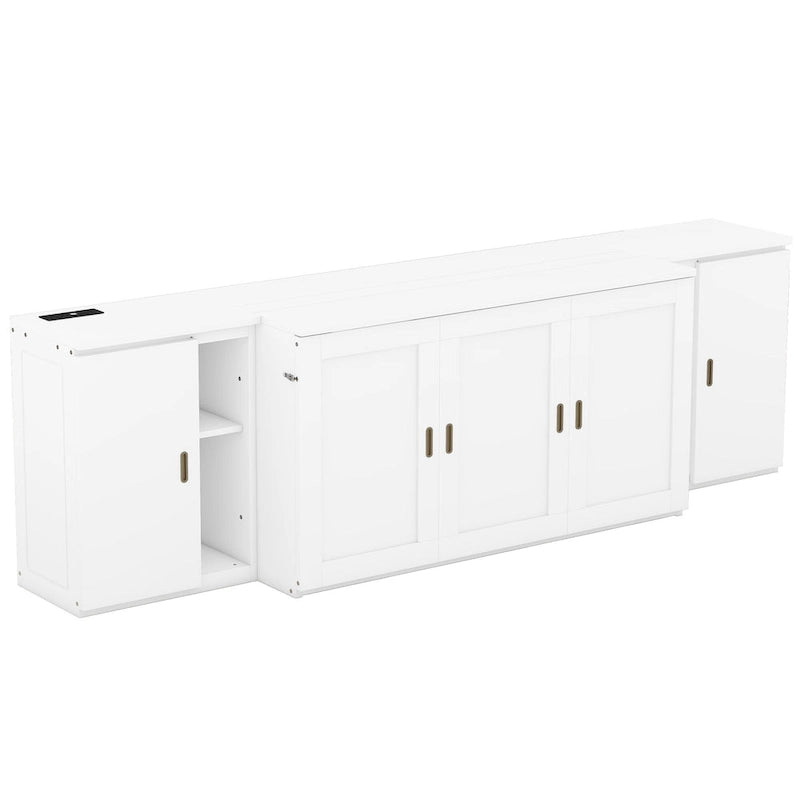 Lit escamotable blanc Queen Size avec étagères, armoires et ports USB