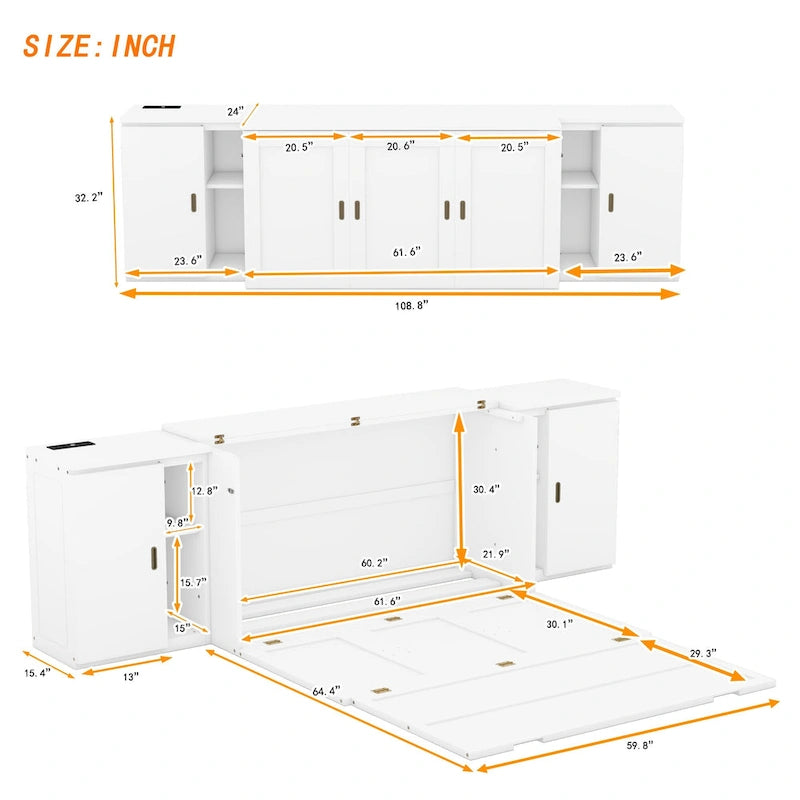Lit escamotable blanc Queen Size avec étagères, armoires et ports USB
