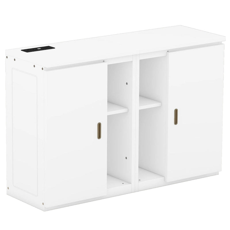 Lit escamotable blanc Queen Size avec étagères, armoires et ports USB