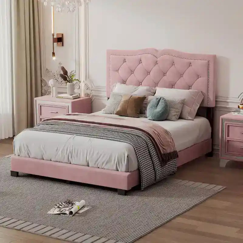 Pink Full Size Modern Velvet Upholstered Platform Bed with Plush Velvet Tufted Headboard for Bedroom